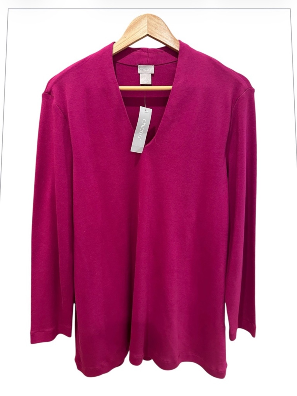 Chico's V-Neck Polished 100% Pima Cotton Knit Tunic Top Electric Magenta.